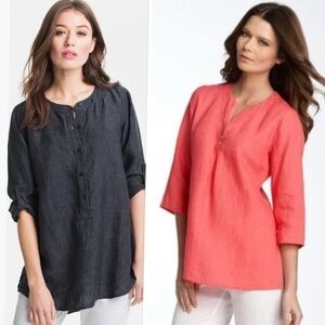 EILEEN FISHER Organic Linen Henley Roll Sleeve Tunic PEONY Micro-striped Size PM